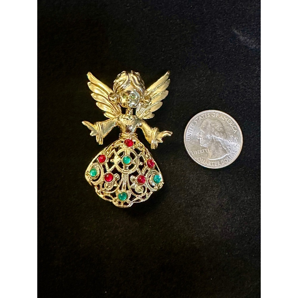 Tancer II Gold-Tone Angel Brooch • Red & Green Rhinestones • Vintage Holiday Pin
